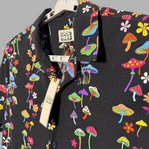 Brand New Good Vibes Black Multicolor Mushroom Print Men's Size XL Button Down